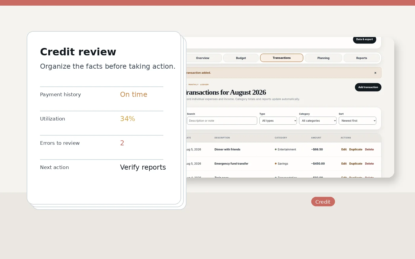 Credit review workspace combining a report checklist with transaction records