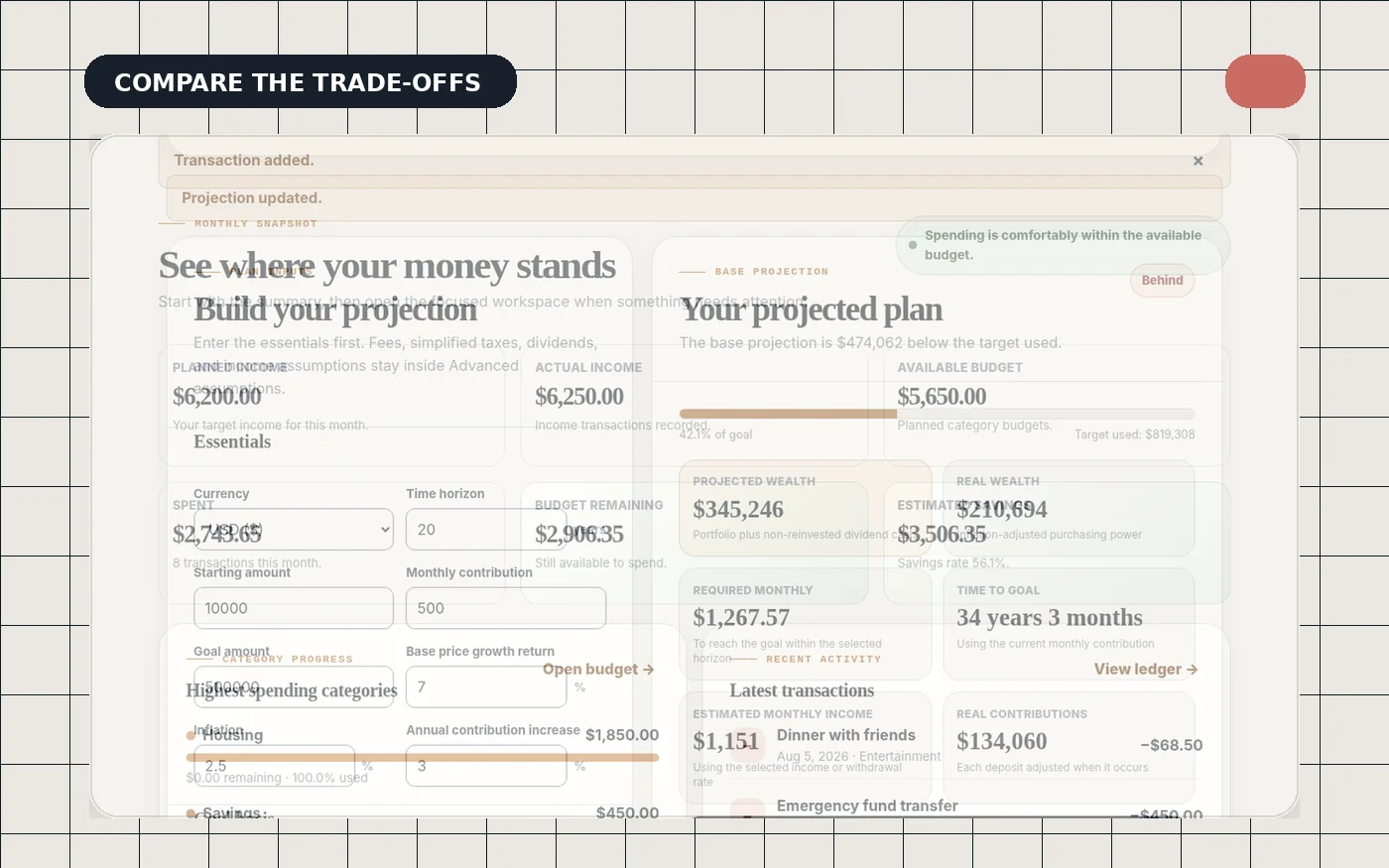 Decision-planning workspace comparing financial choices and next steps