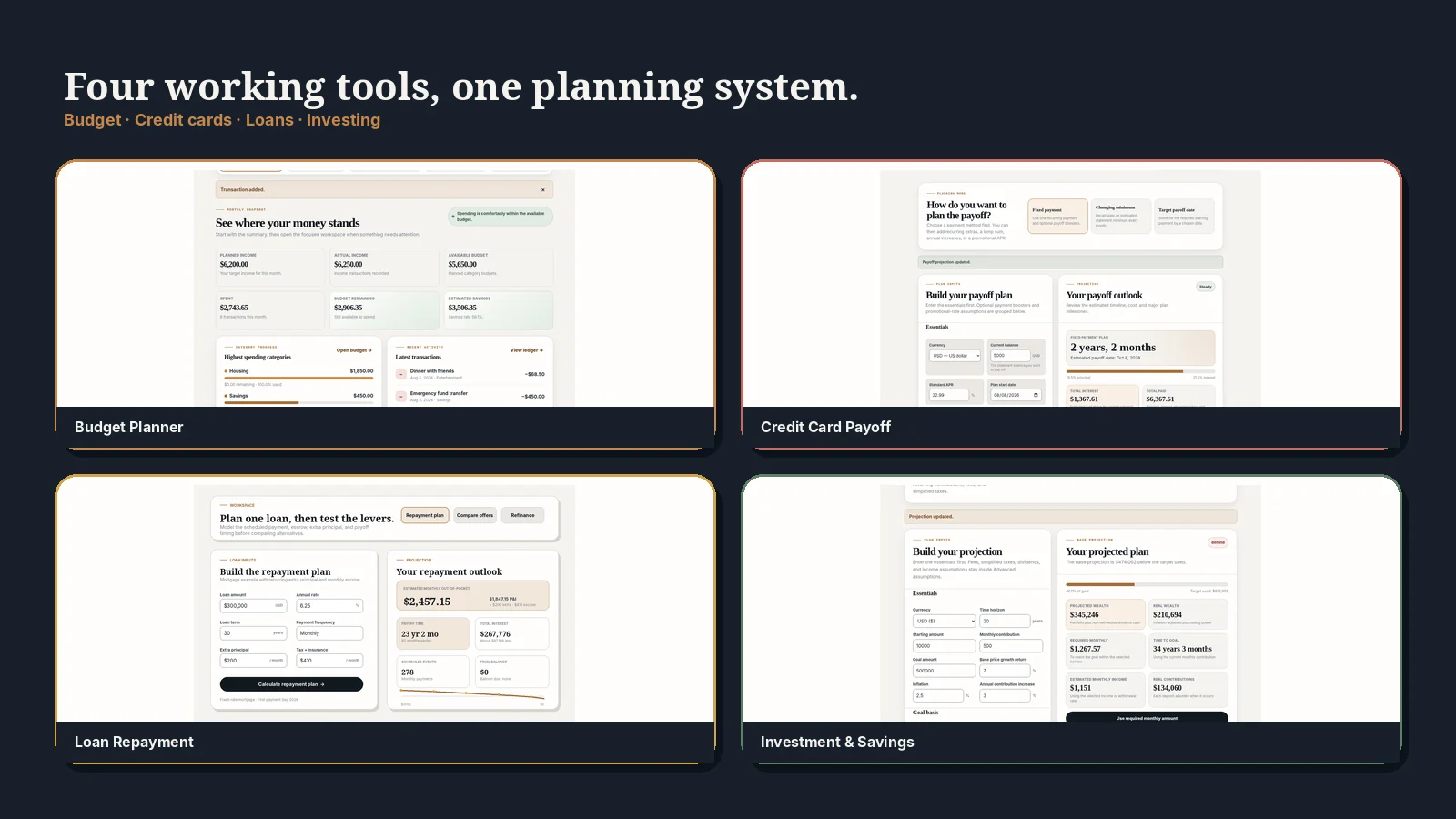 Budget planning, credit-card payoff, loan repayment, refinance, and investment projection tools displayed together